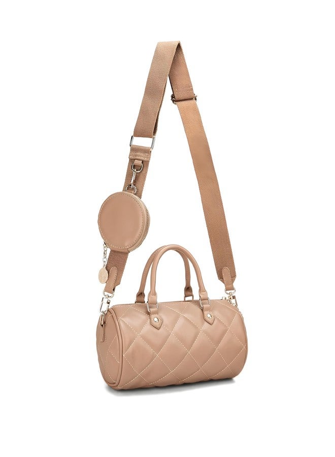 HaveGlam Quilted Barrel Sling Bag with Coin Purse, Adjustable Shoulder Strap, Available in Black, Brown, Beige (Cream) - Image 2